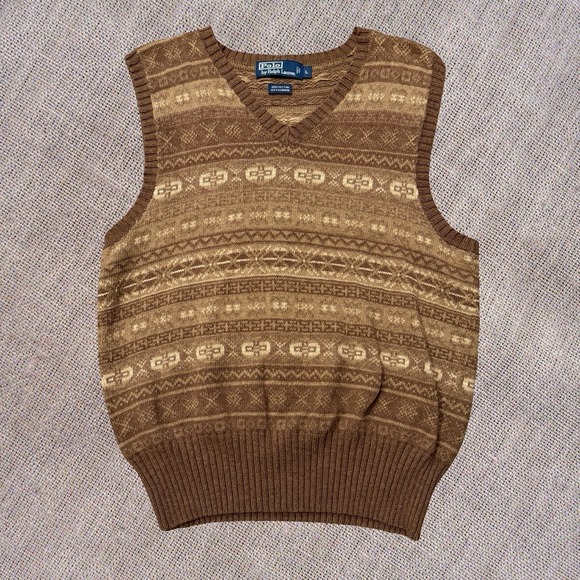 Polo by Ralph Lauren Other - Polo Ralph Lauren Knit Sweater Fair Isle  Vest Brown Beige Cotton Cashmere L
